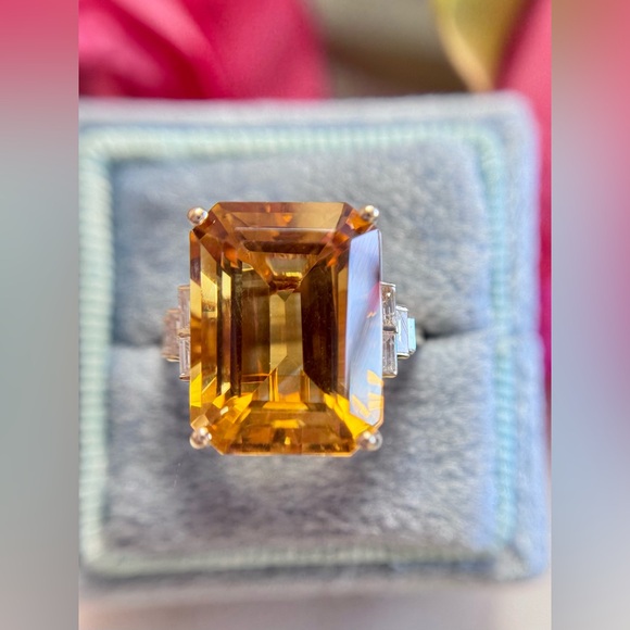 Large Citrine Emerald Cut Diamond Cocktail Ring 14k Yellow Gold - Picture 9 of 16